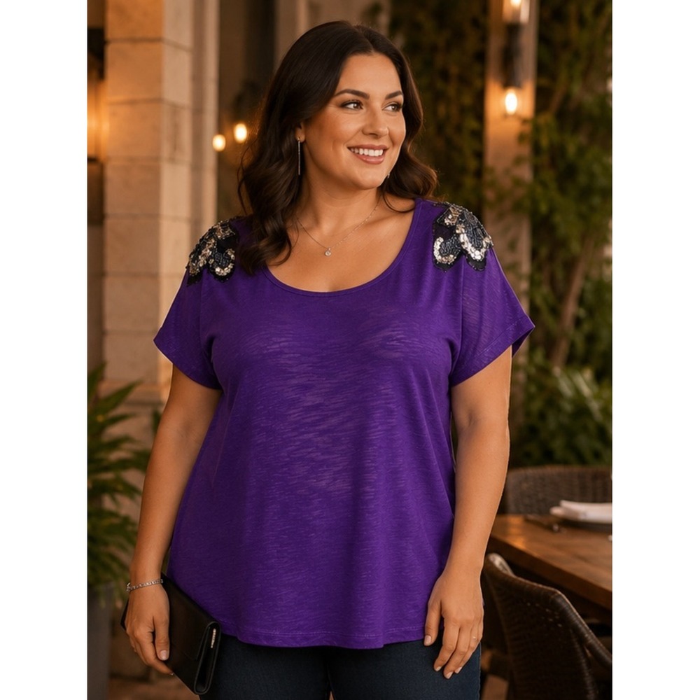 Torrid Purple Sequin Beaded Shoulder Keyhole Back‎ Slub Knit Top Womens 1 1X 16